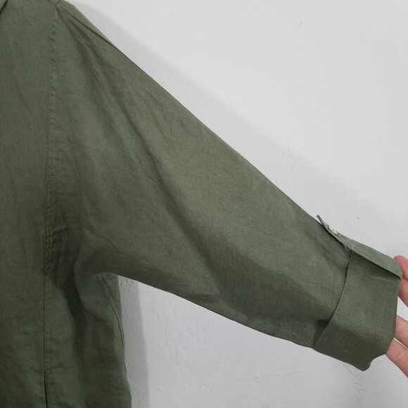 NWT Magaschoni 100% Linen Hooded Button Down Shirt Top with Pockets Green Size L - Picture 2 of 6